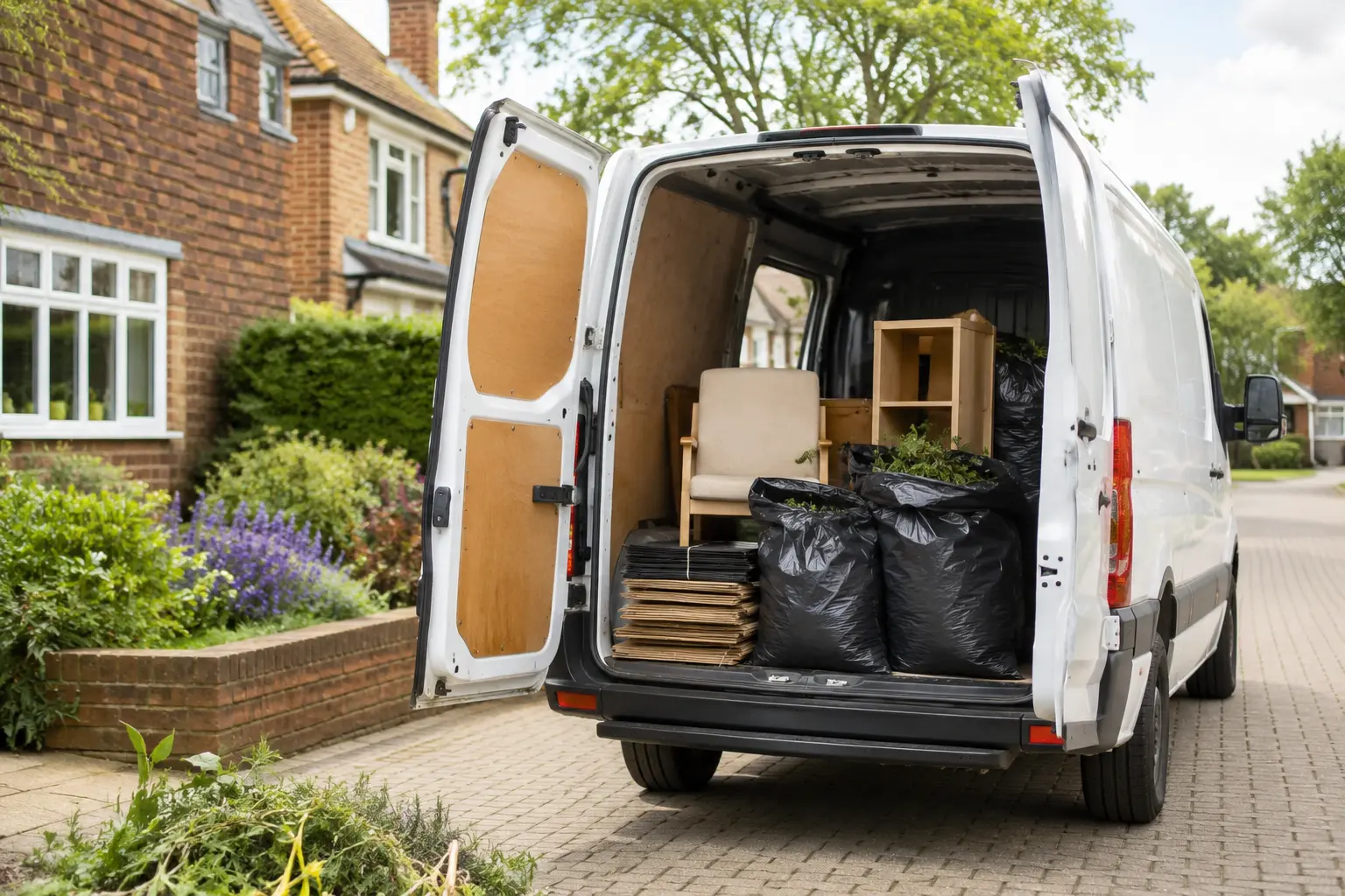 Household and garden clearance loaded carefully into a white van